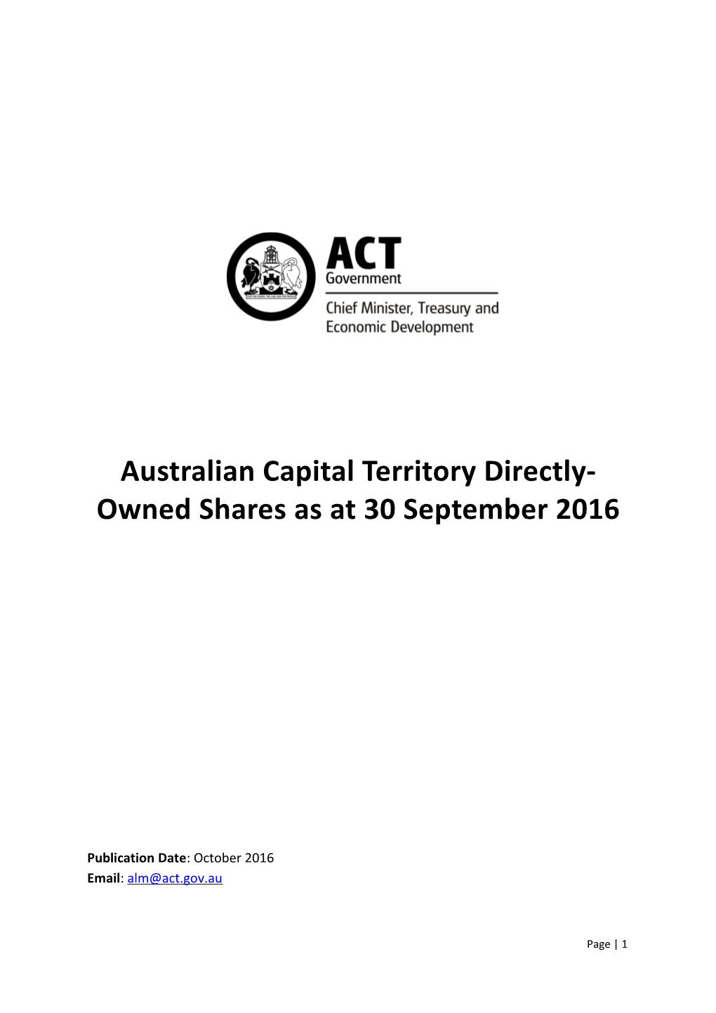 Australian Capital Territory Directly-Owned Shares As at 30 September 2016