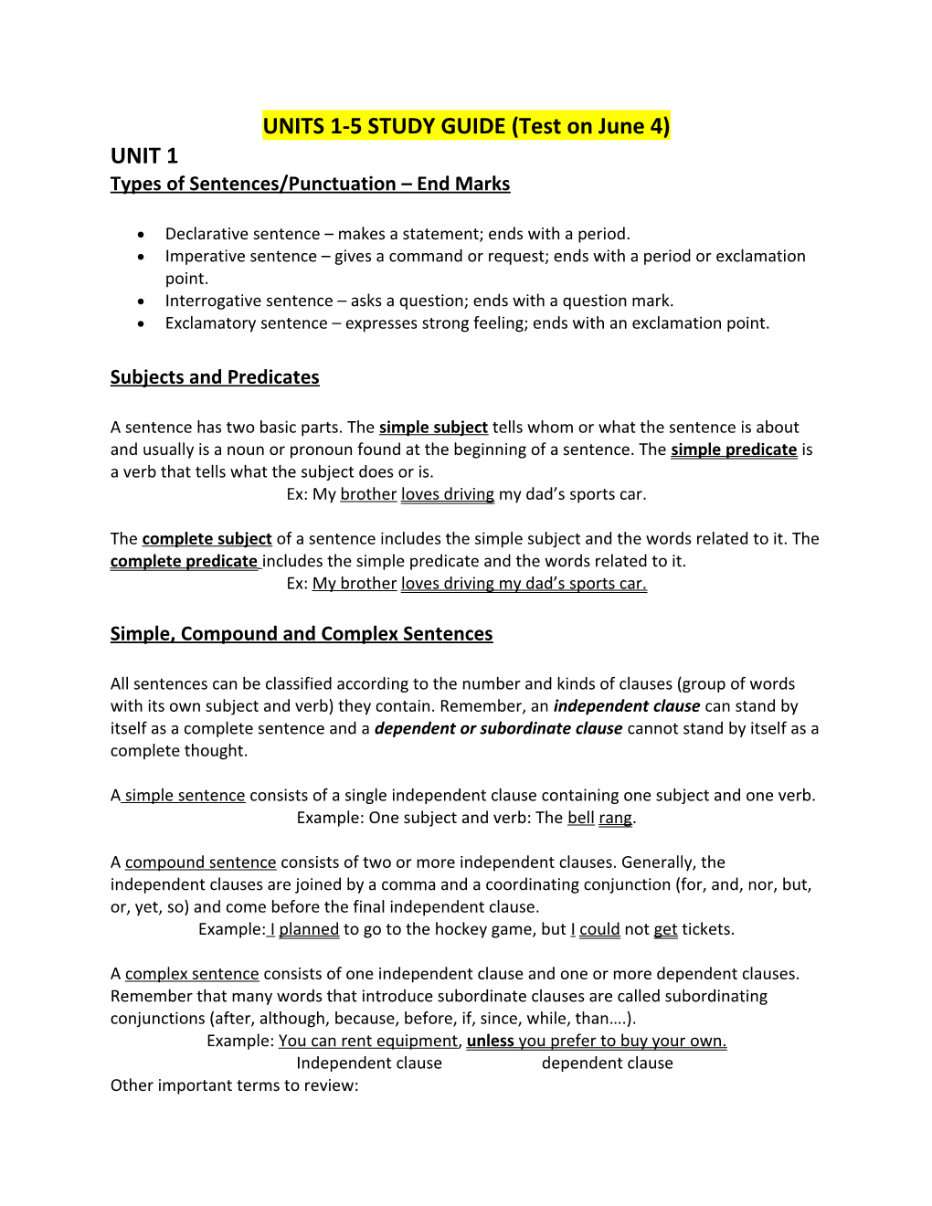 UNITS 1-5 STUDY GUIDE (Test on June 4)