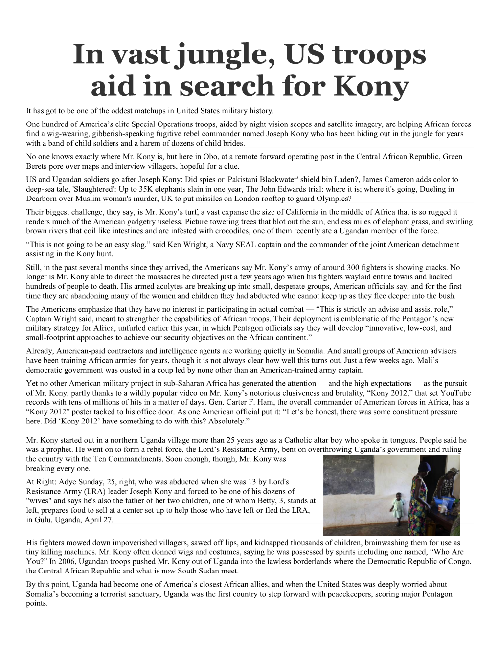 In Vast Jungle, US Troops Aid in Search for Kony