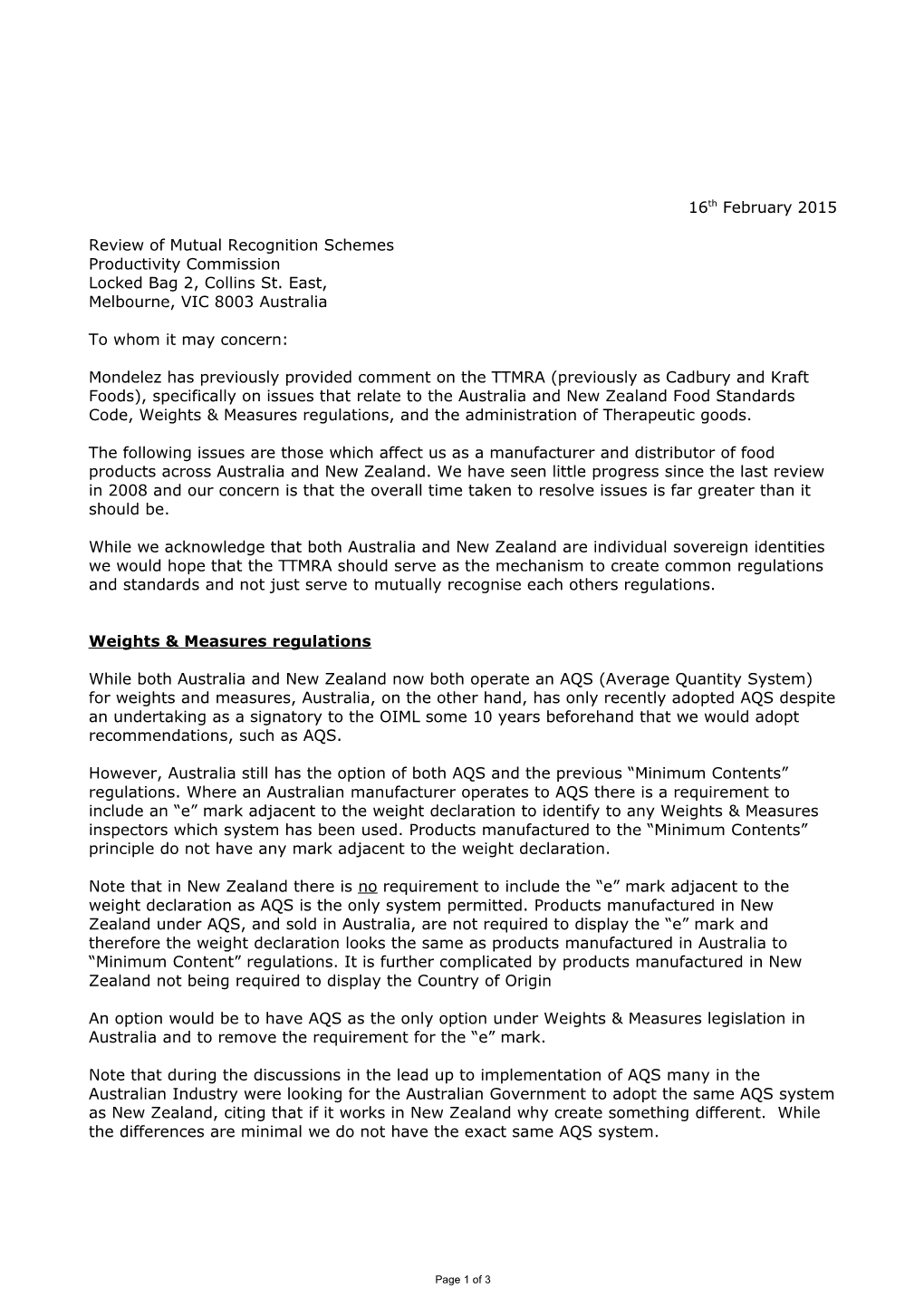 Submission 2 - Mondelez Australia - Mutual Recognition Schemes - Commissioned Study