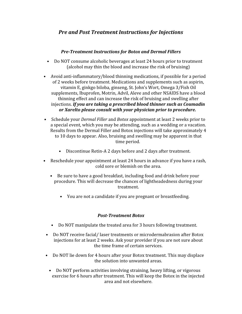 Pre and Post Treatment Instructions for Injections