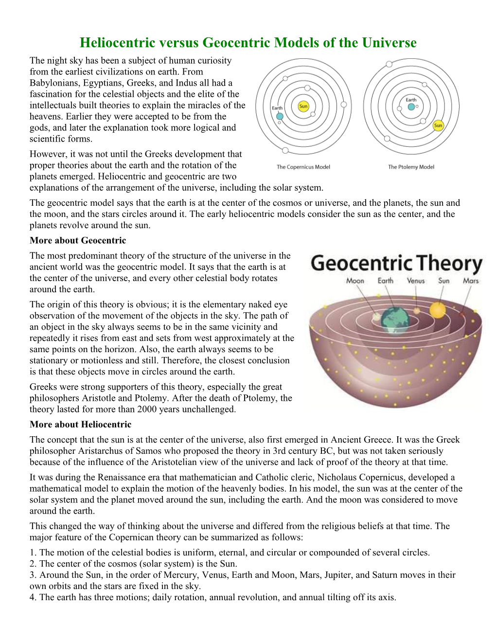 Heliocentric Versus Geocentric Models of the Universe