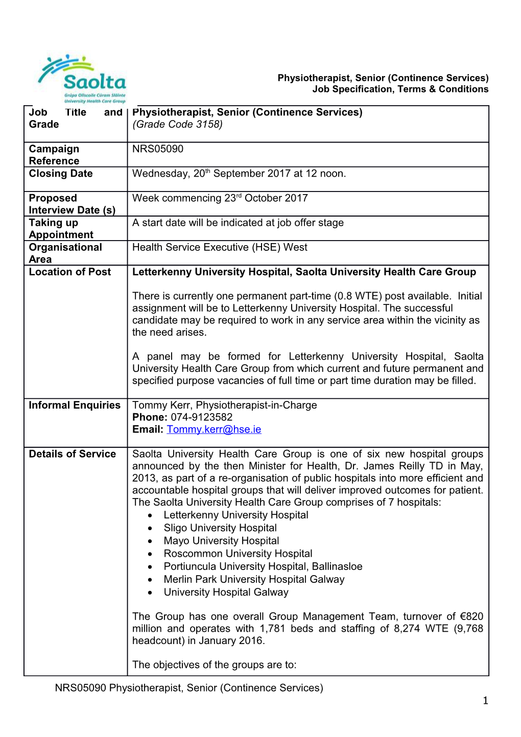 Physiotherapist, Senior (Continence Services)