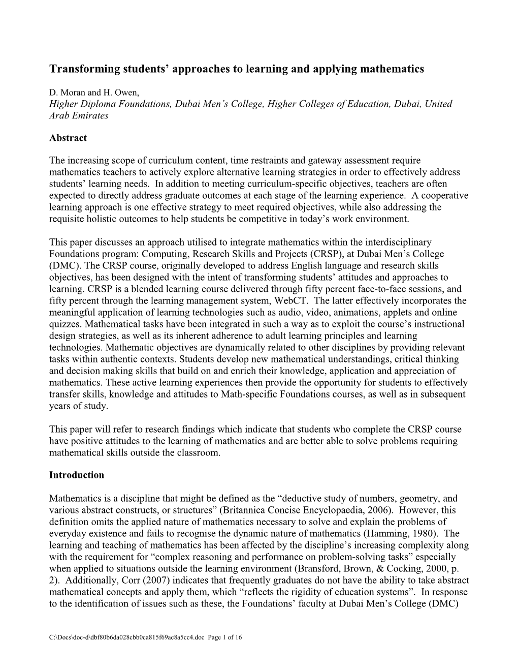 Metsmac 2007 Paper: from Disorientation to Application: Integrated Math and Computing Tasks