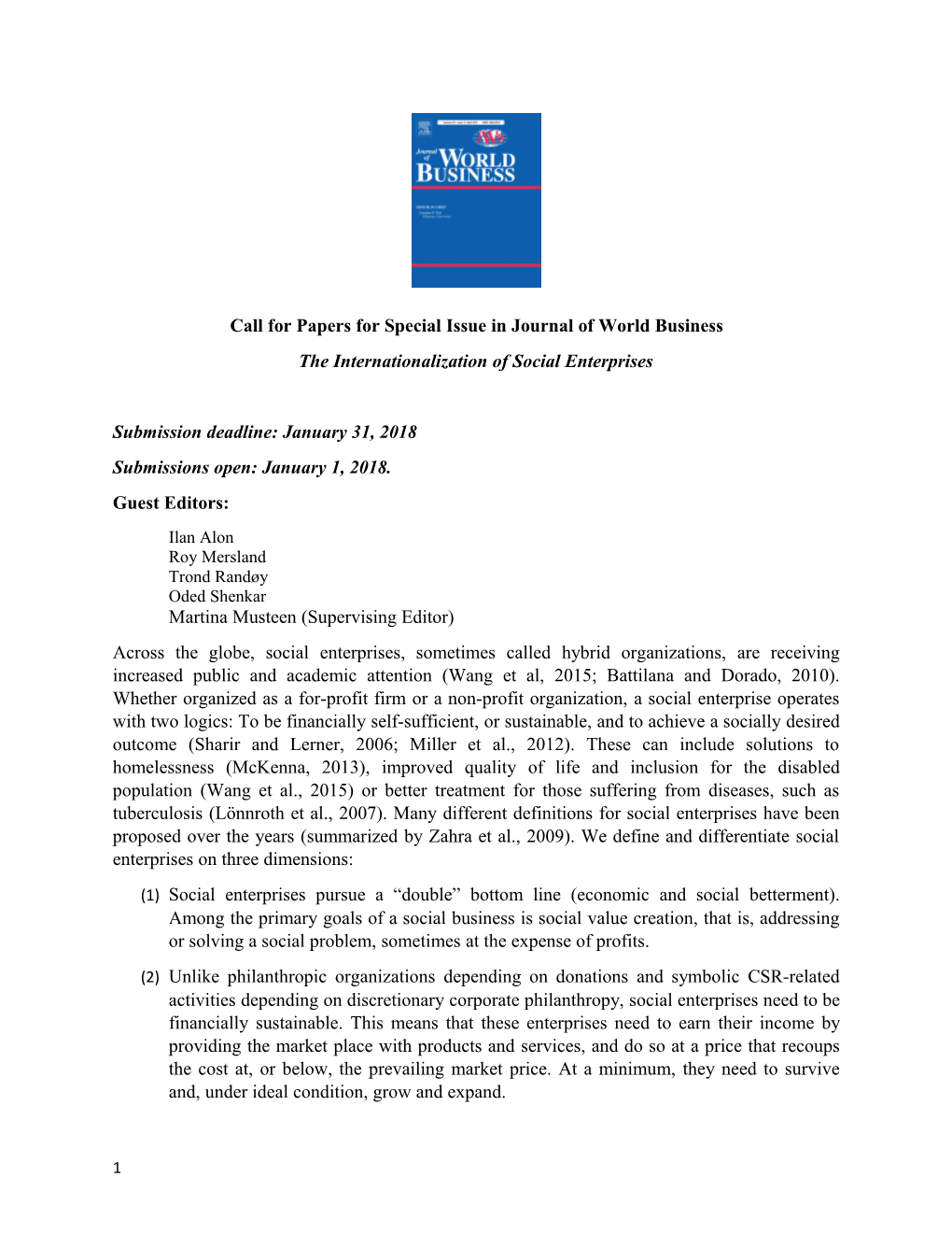 Call for Papers for Special Issue in Journal of World Business