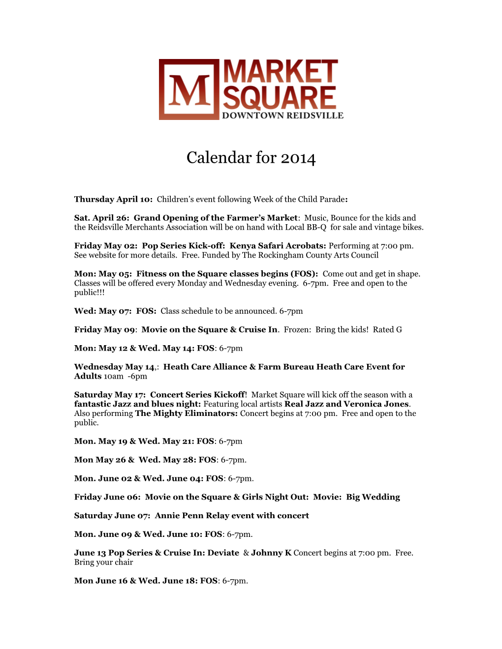 Market Square Schedule 2011