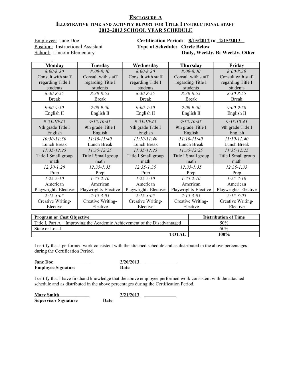 Illustrative Time and Activity Report for Title I Instructional Staff