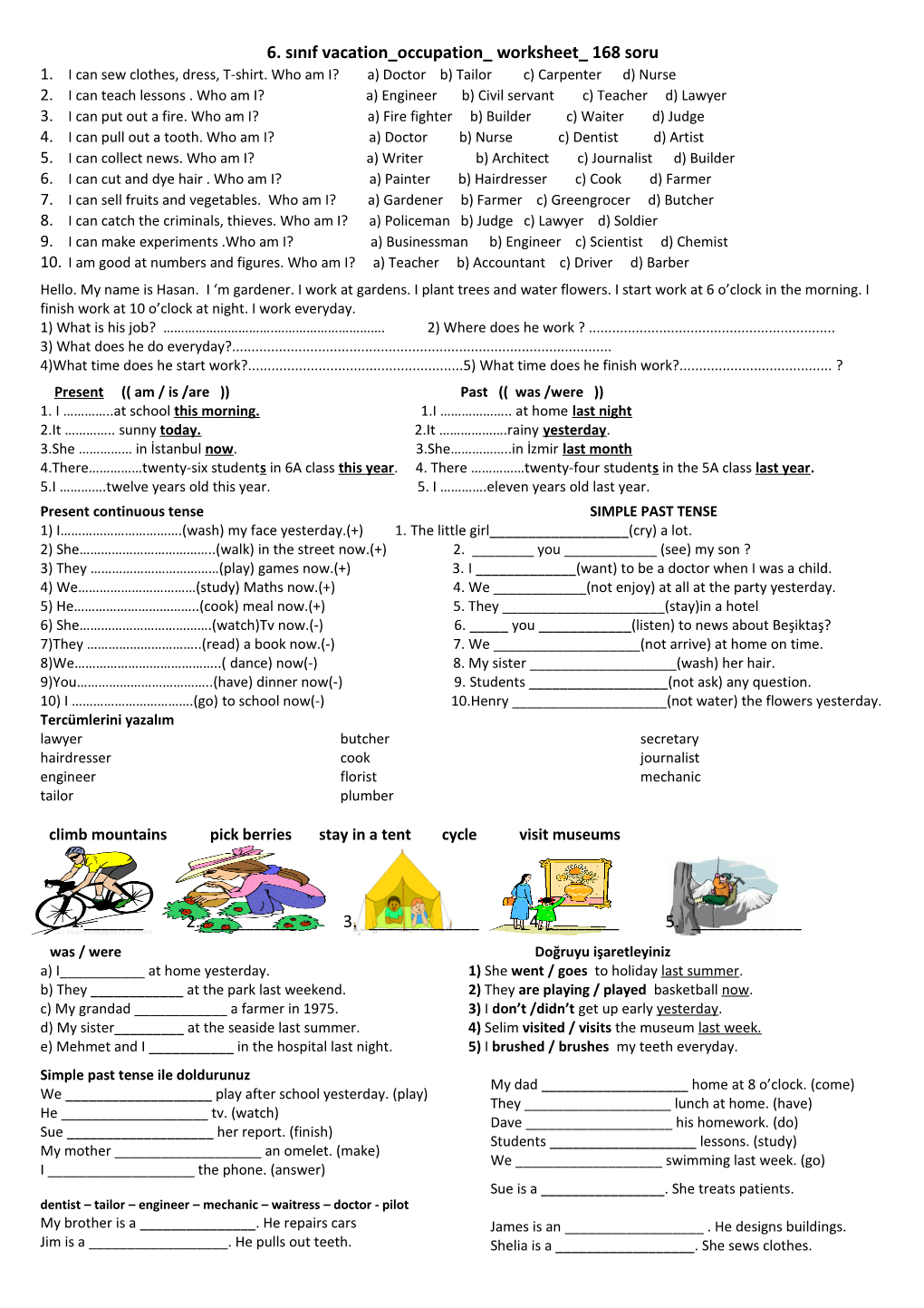 6. Sınıfvacation Occupation Worksheet 168 Soru