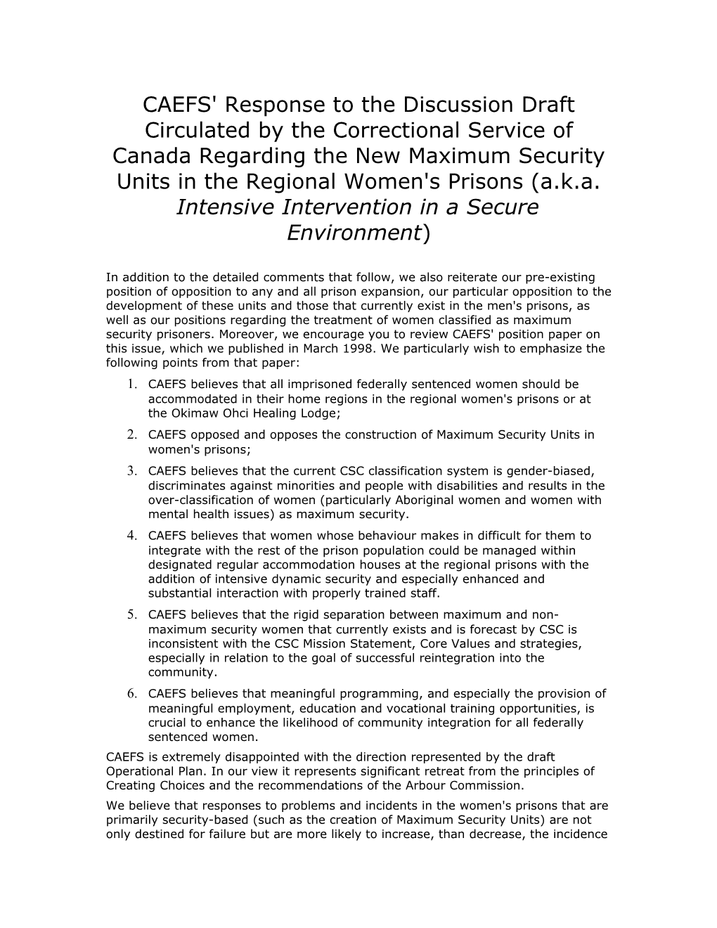 CAEFS' Response to the Discussion Draft Circulated by the Correctional Service of Canada