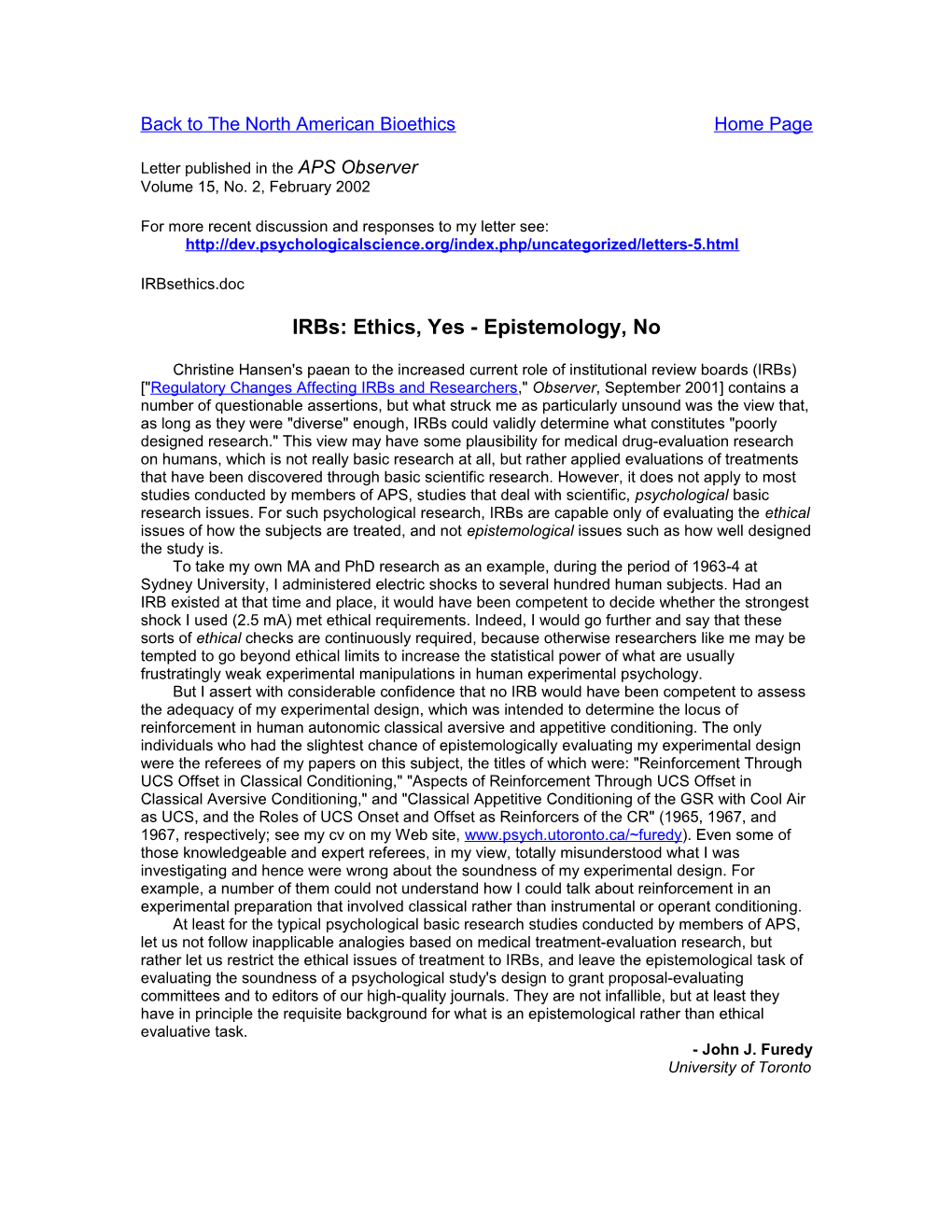 Irbs: Ethics, Yes - Epistemology, No