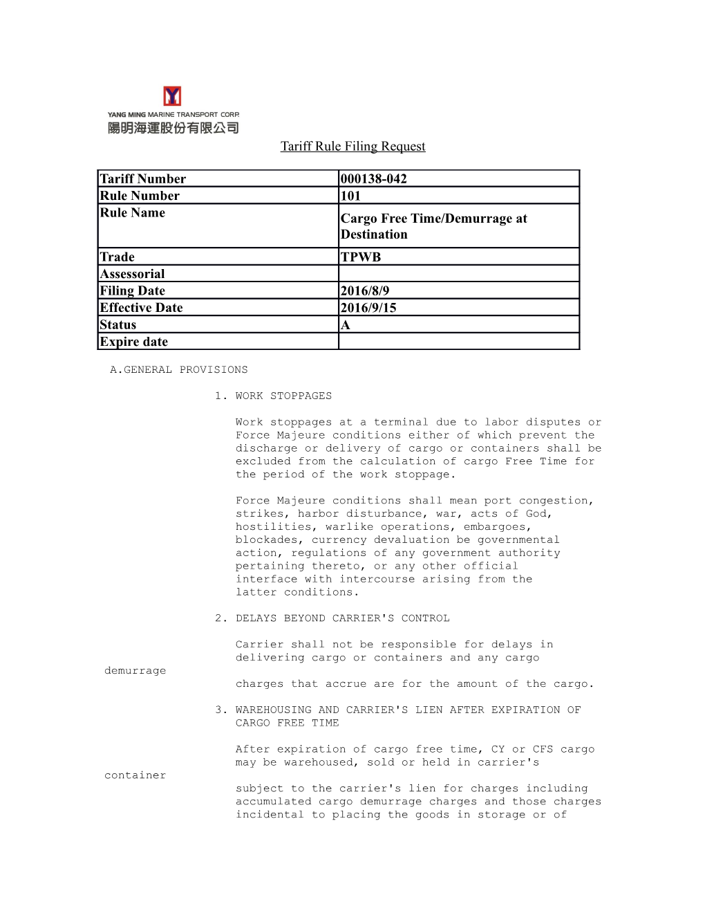 Tariff Rule Filing Request