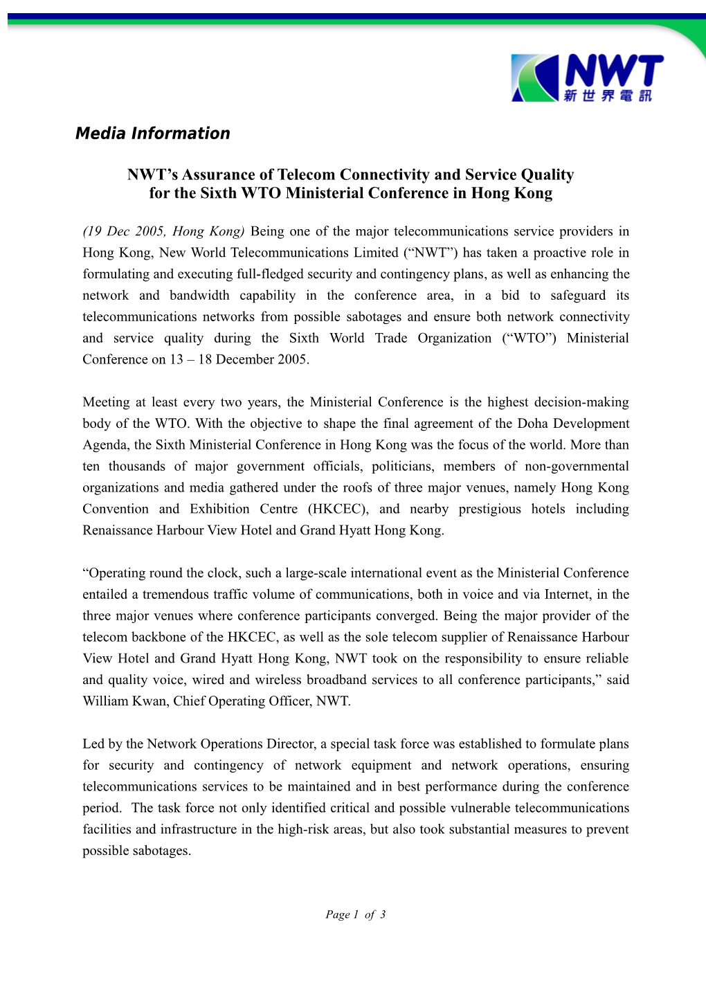 NWT S Assurance of Telecom Connectivity and Service Quality