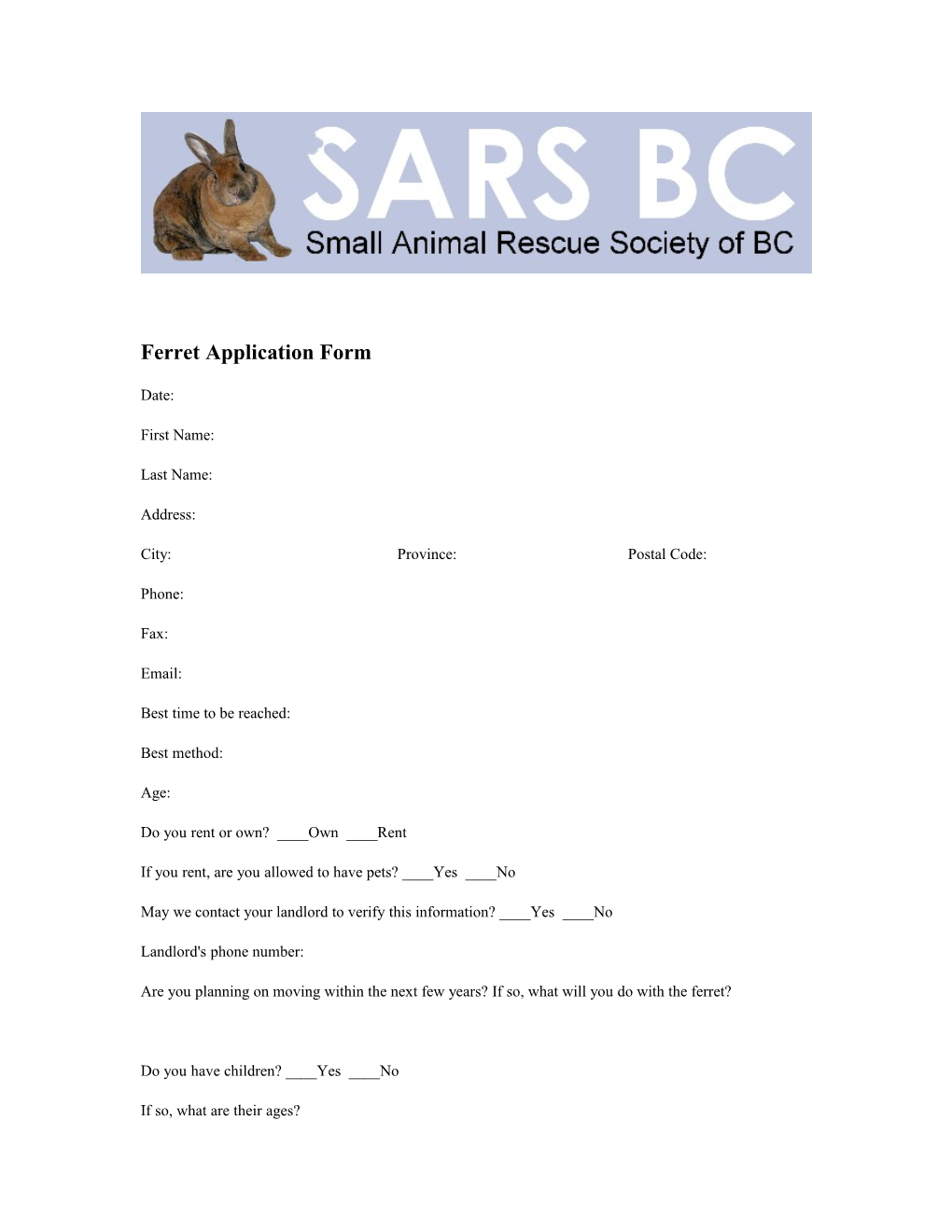 Ferret Application Form