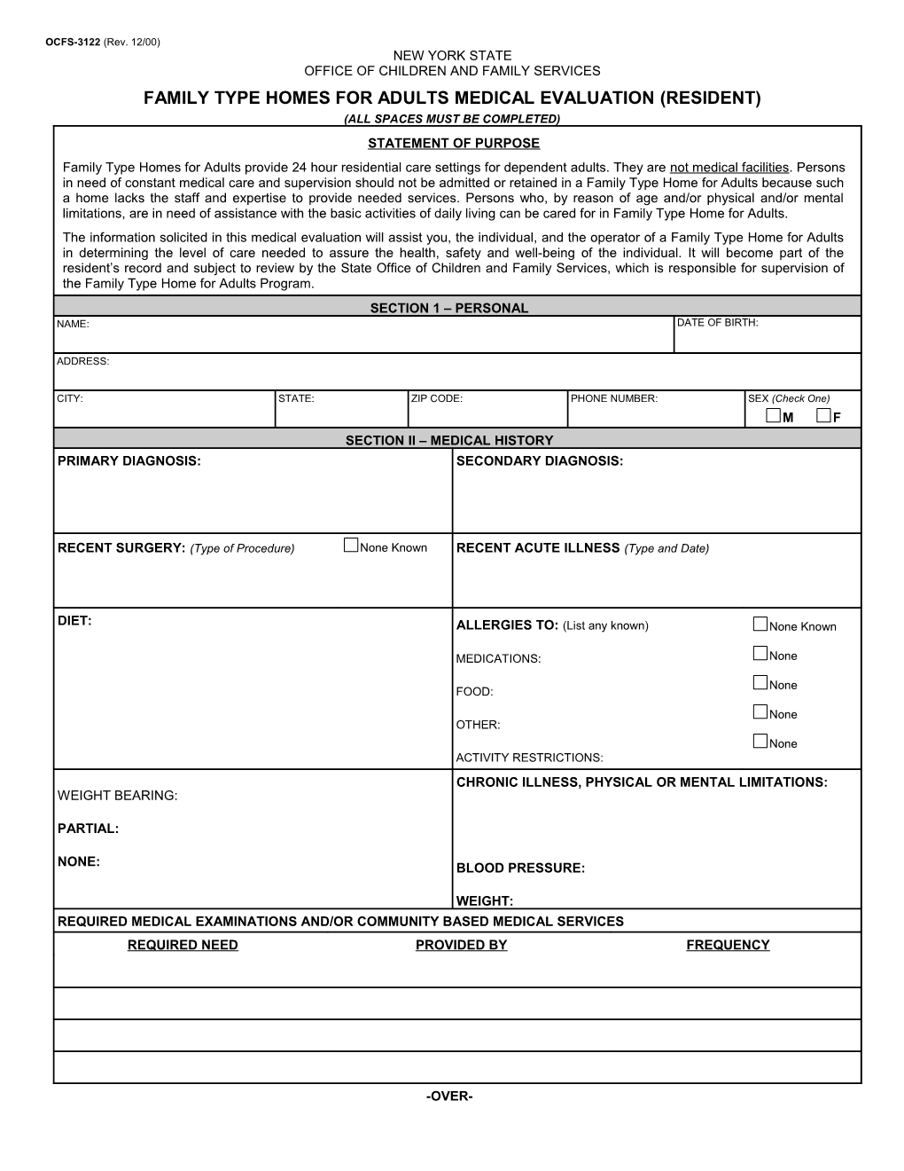 OCFS-3122 Family Type Homes for Adults - Medical Evaluation (Resident)