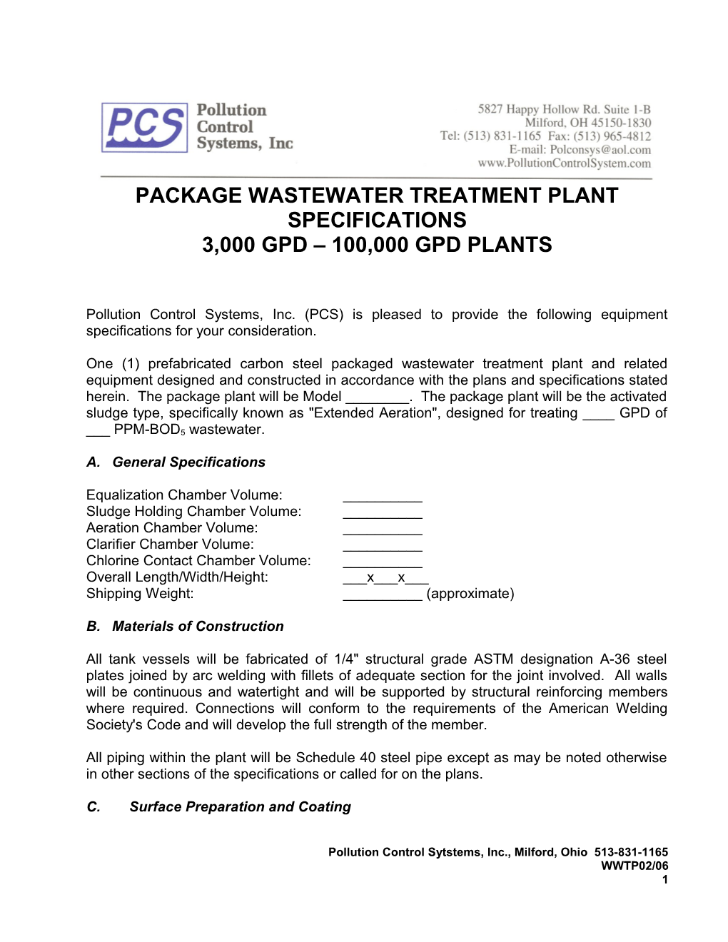 Package Wastewater Treatment Plant Specifications