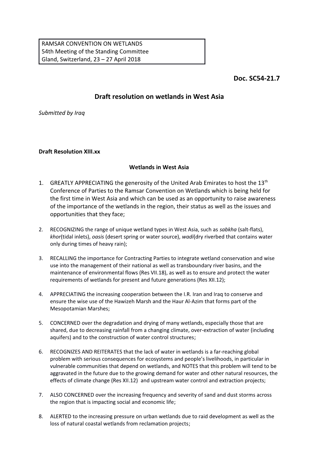 Draft Resolution on Wetlands in West Asia