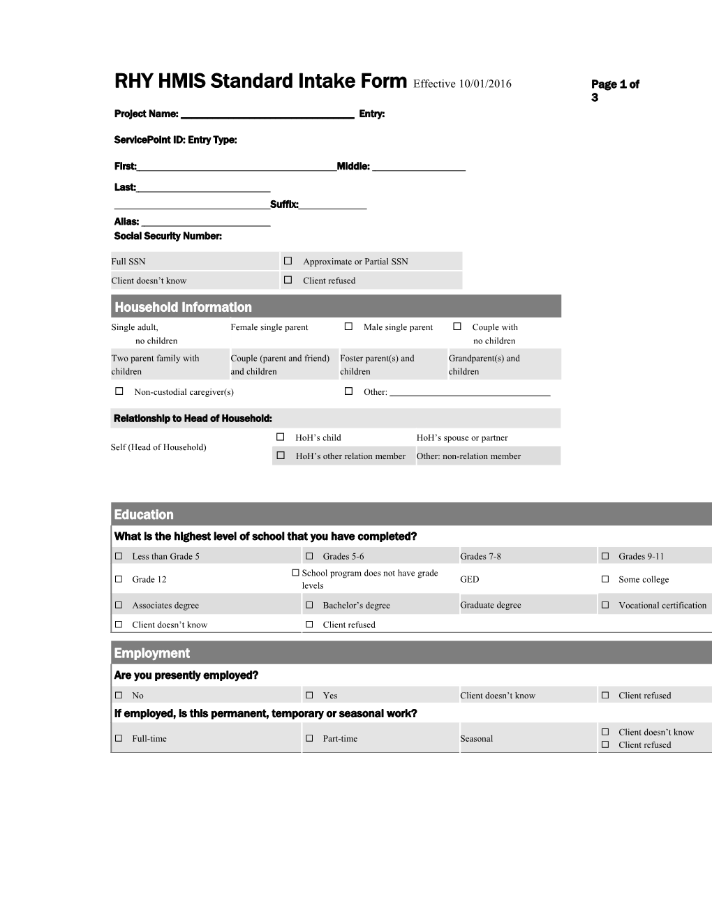 RHY HMIS Standard Intake Form Effective 10/01/2016