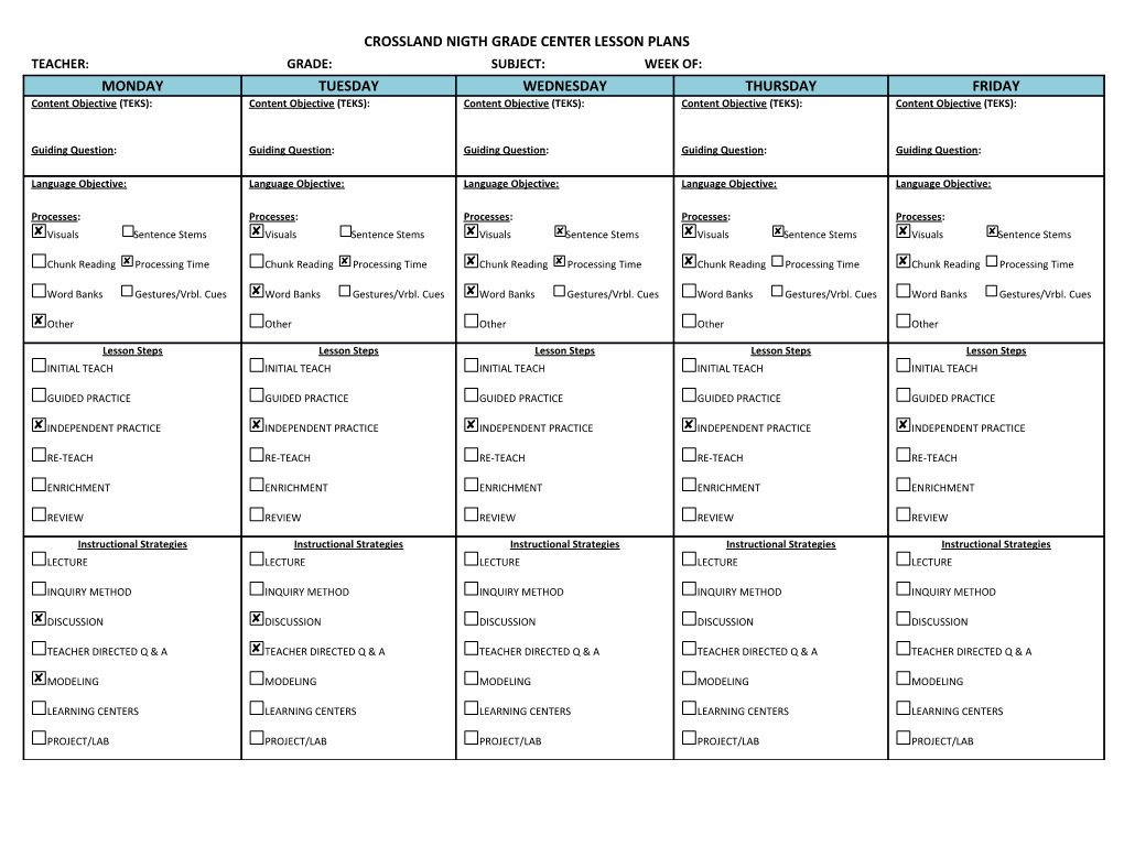 Crossland Nigth Grade Center Lesson Plans