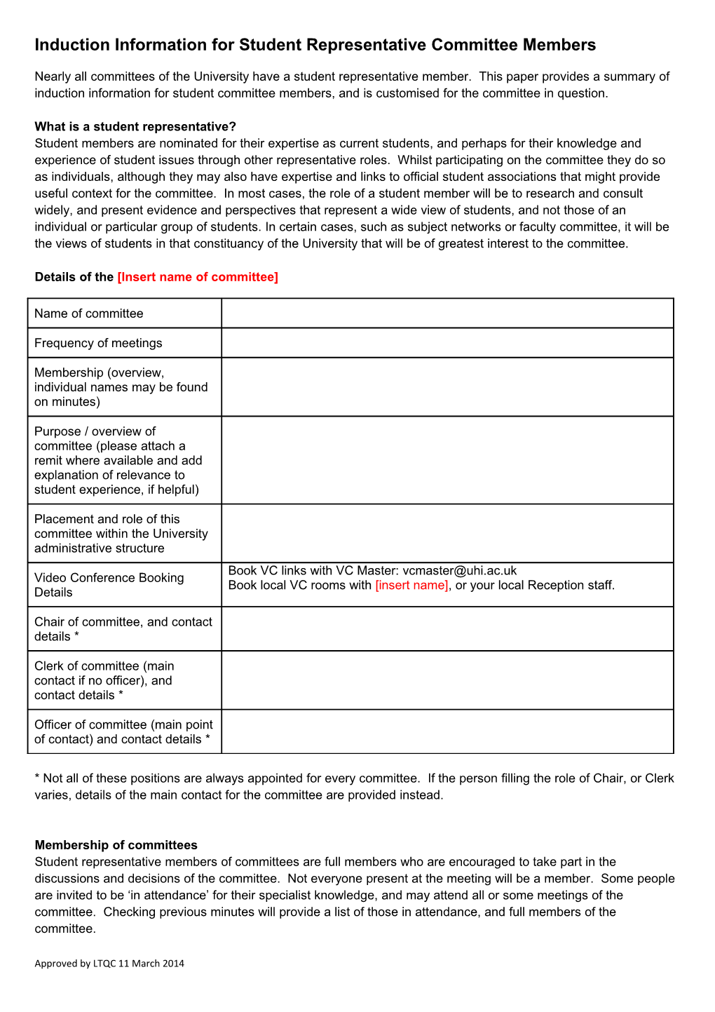 Induction Information for Student Representative Committee Members