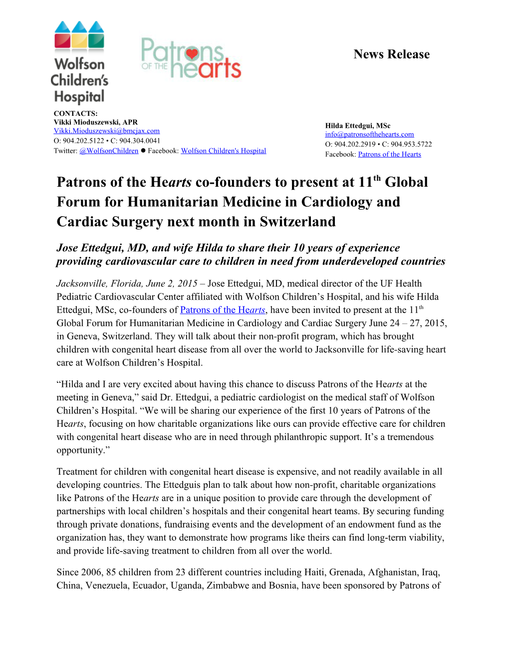 Patrons of the Heartsco-Founders to Present at 11Th Global Forum for Humanitarian Medicine