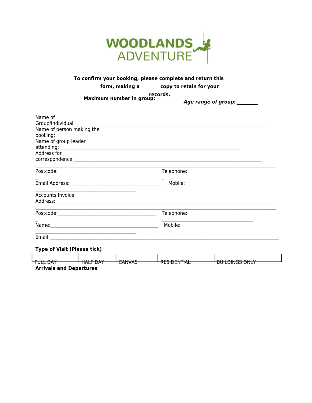 Woodlands Adventure Outdoor Learning Booking Form 2017