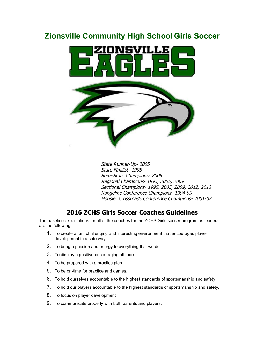 ZCHS Girls Soccer Program Coaches Expectations