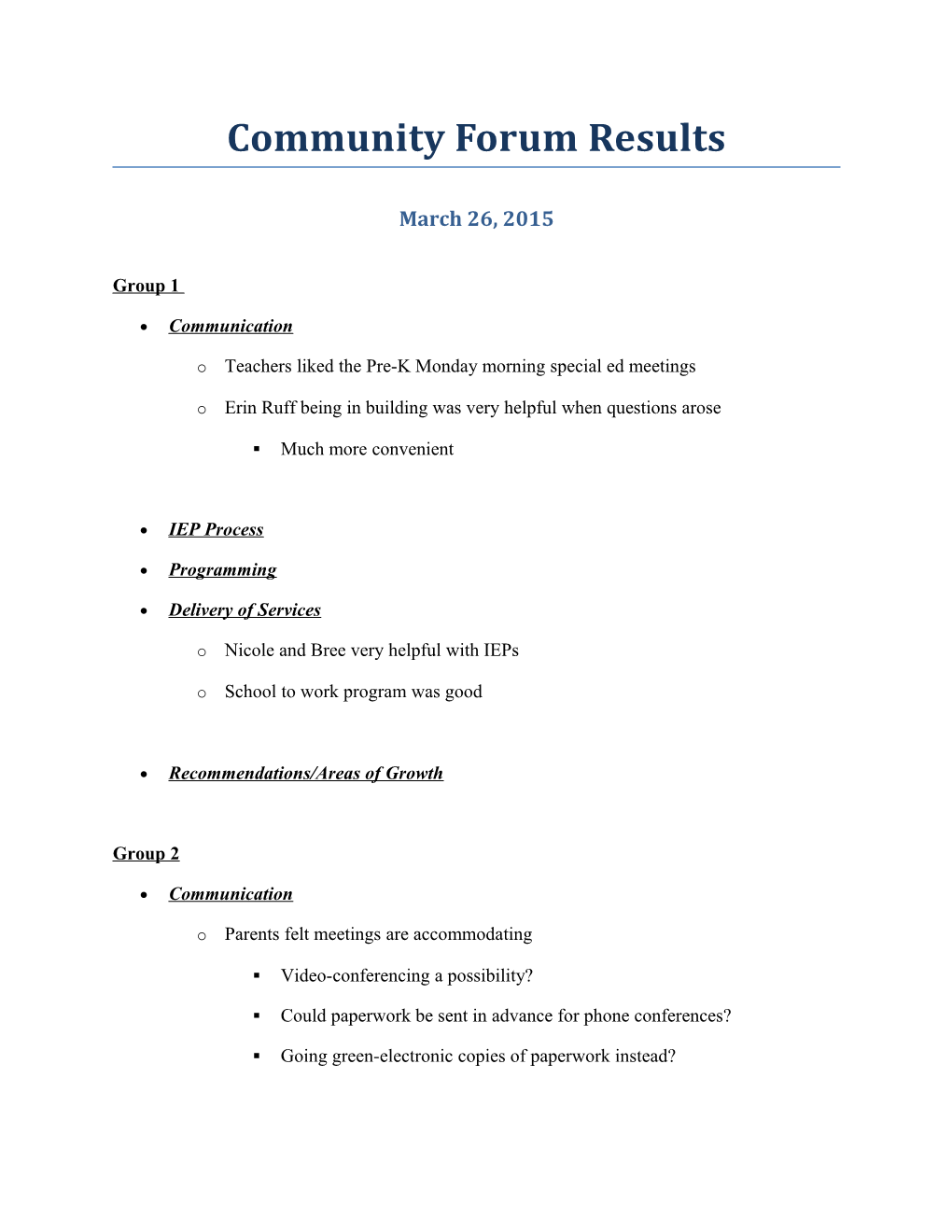 Community Forum Results