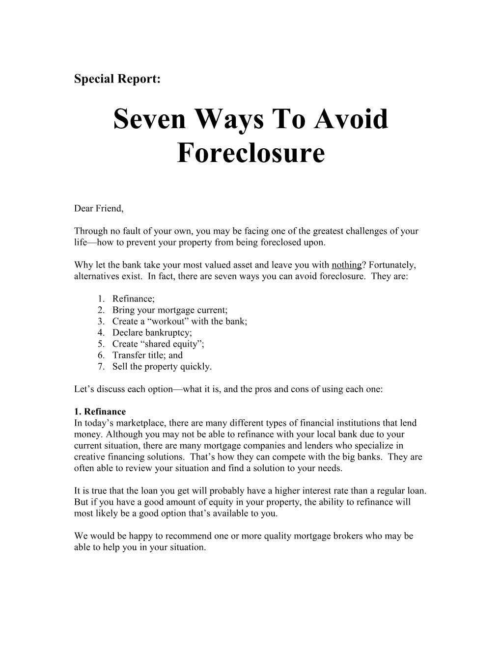 Special Report: Seven Ways to Avoid Foreclosure