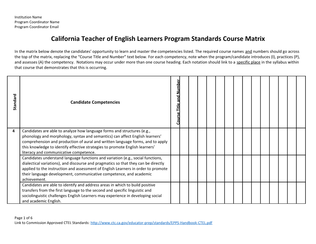 California Teacher of English Learners Programstandards Course Matrix