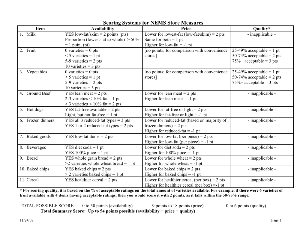 Possible Scoring Systems for NEMS Measures