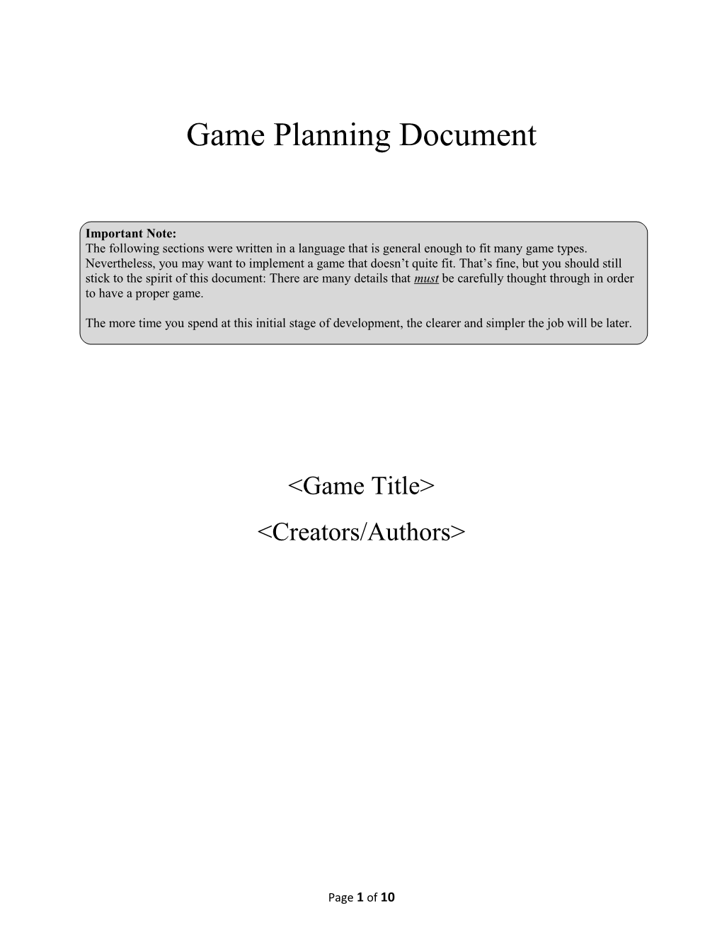 Game Planning Document