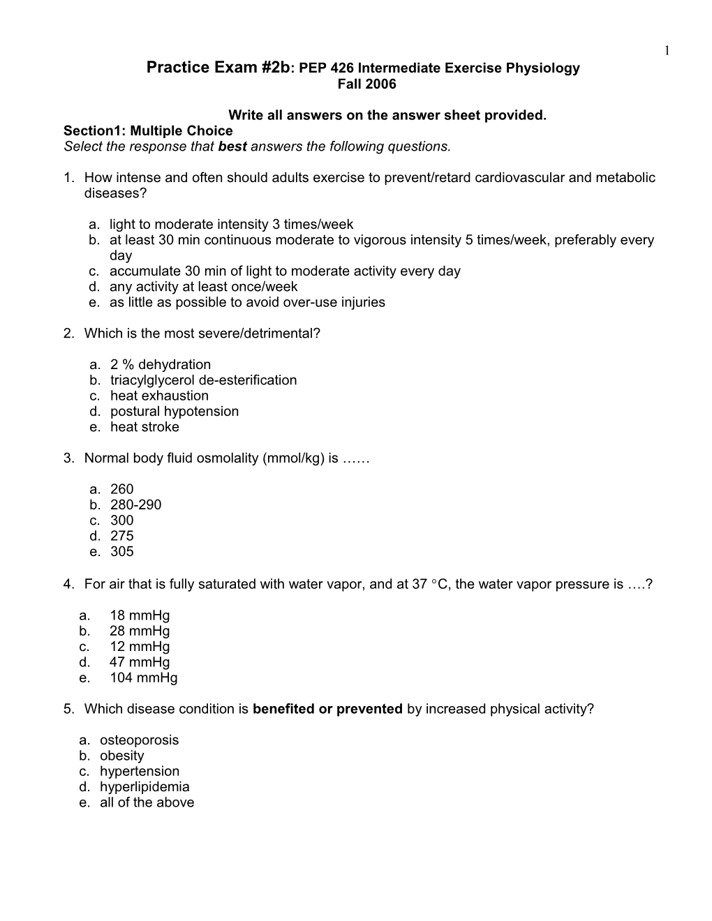 Practice Exam #2B: PEP 426 Intermediate Exercise Physiology