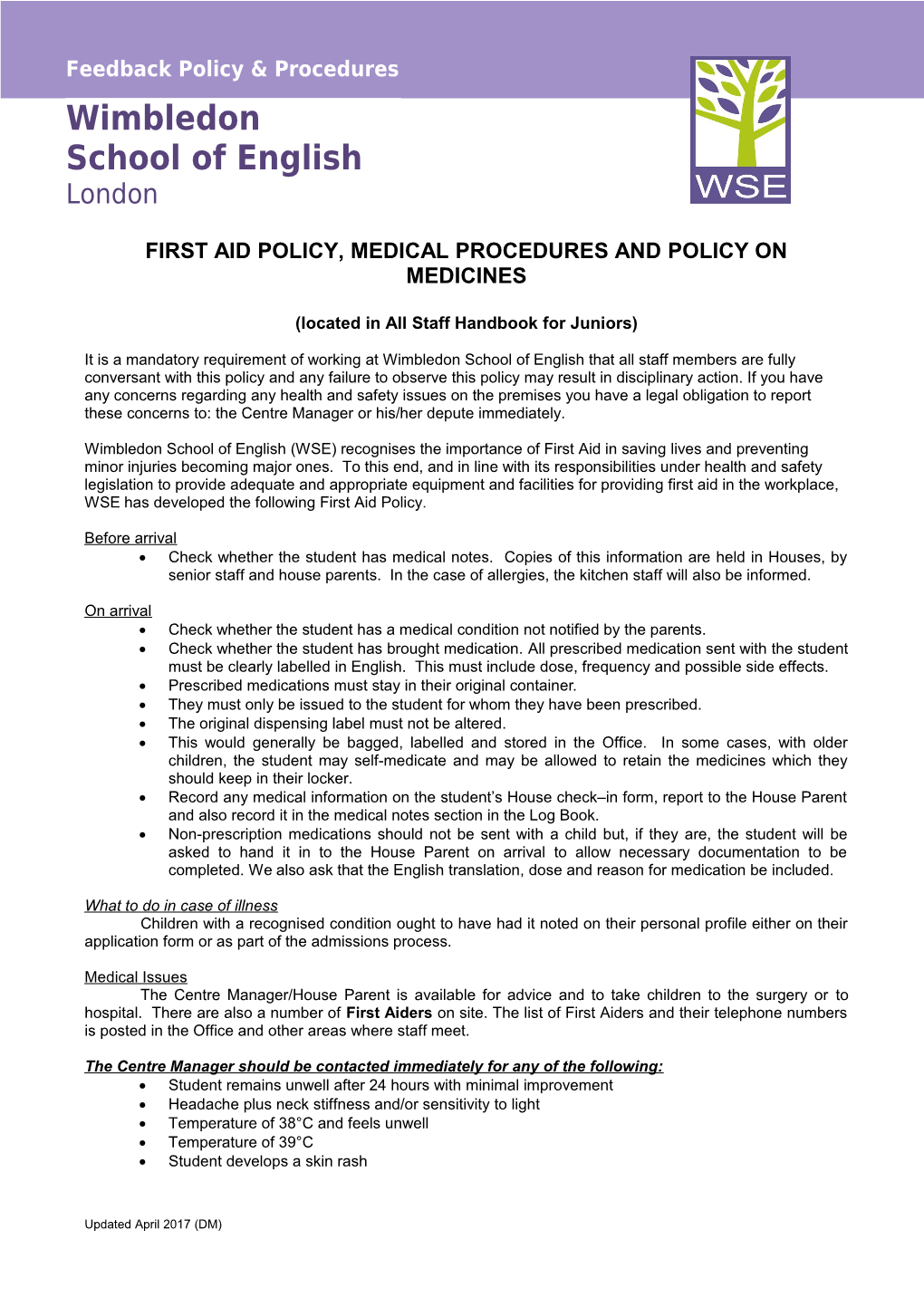 First Aid Policy, Medical Procedures and Policy on Medicines