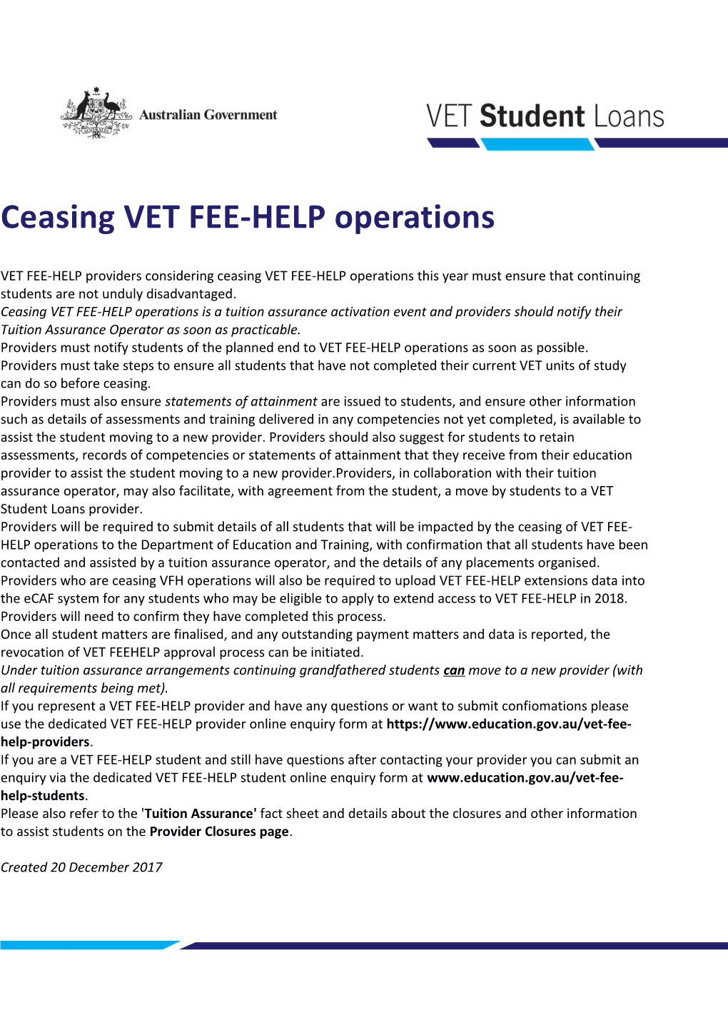 Ceasing VET FEE-HELP Operations