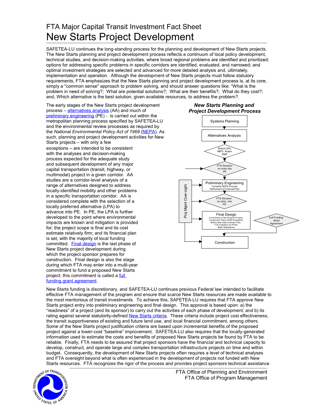 FTA Major Investment Planning Fact Sheet