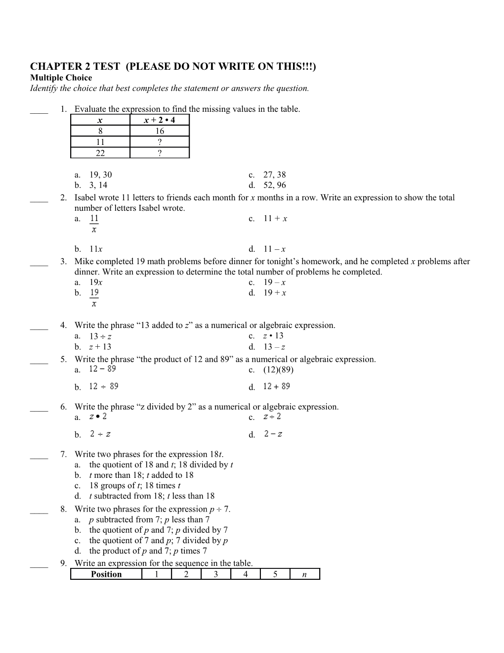 Chapter 2 Test (Please Do Not Write on This )