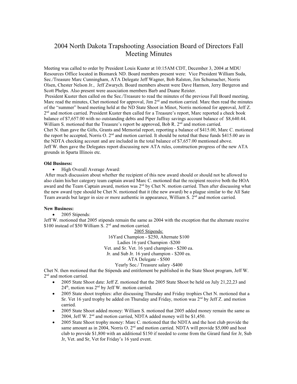 2004 North Dakota Trapshooting Association Board of Directors Fall Meeting Minutes