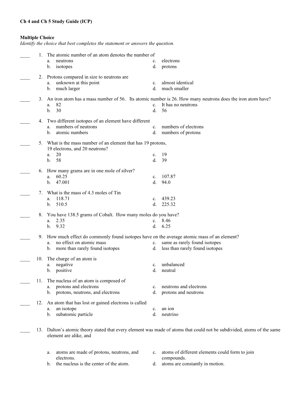 Ch 4 and Ch 5 Study Guide (ICP)