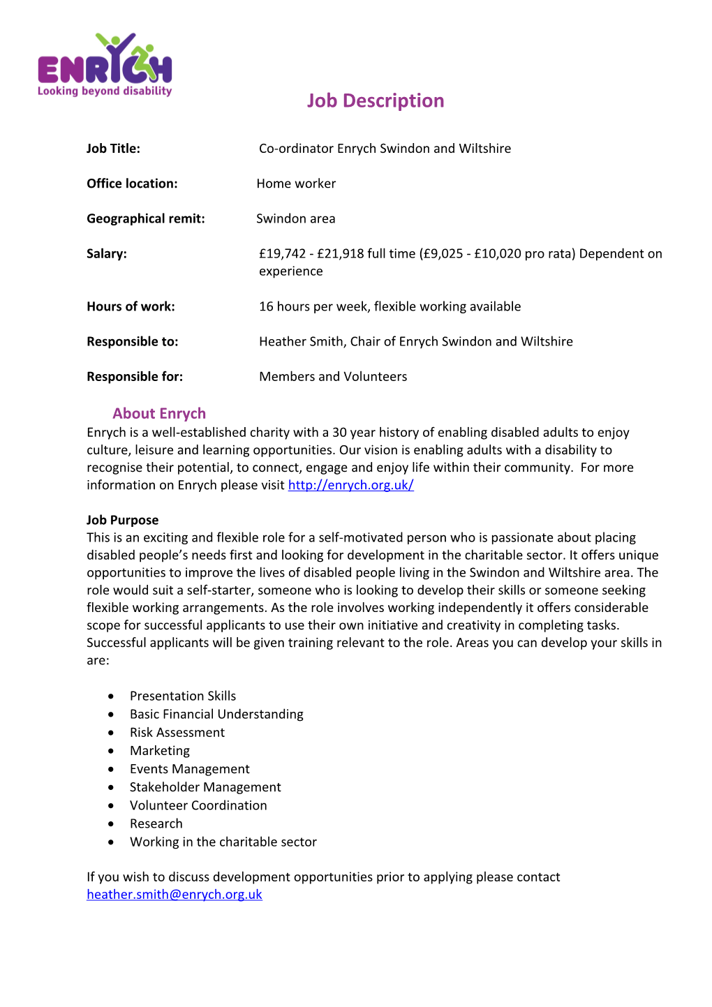 Job Title:Co-Ordinator Enrych Swindon and Wiltshire