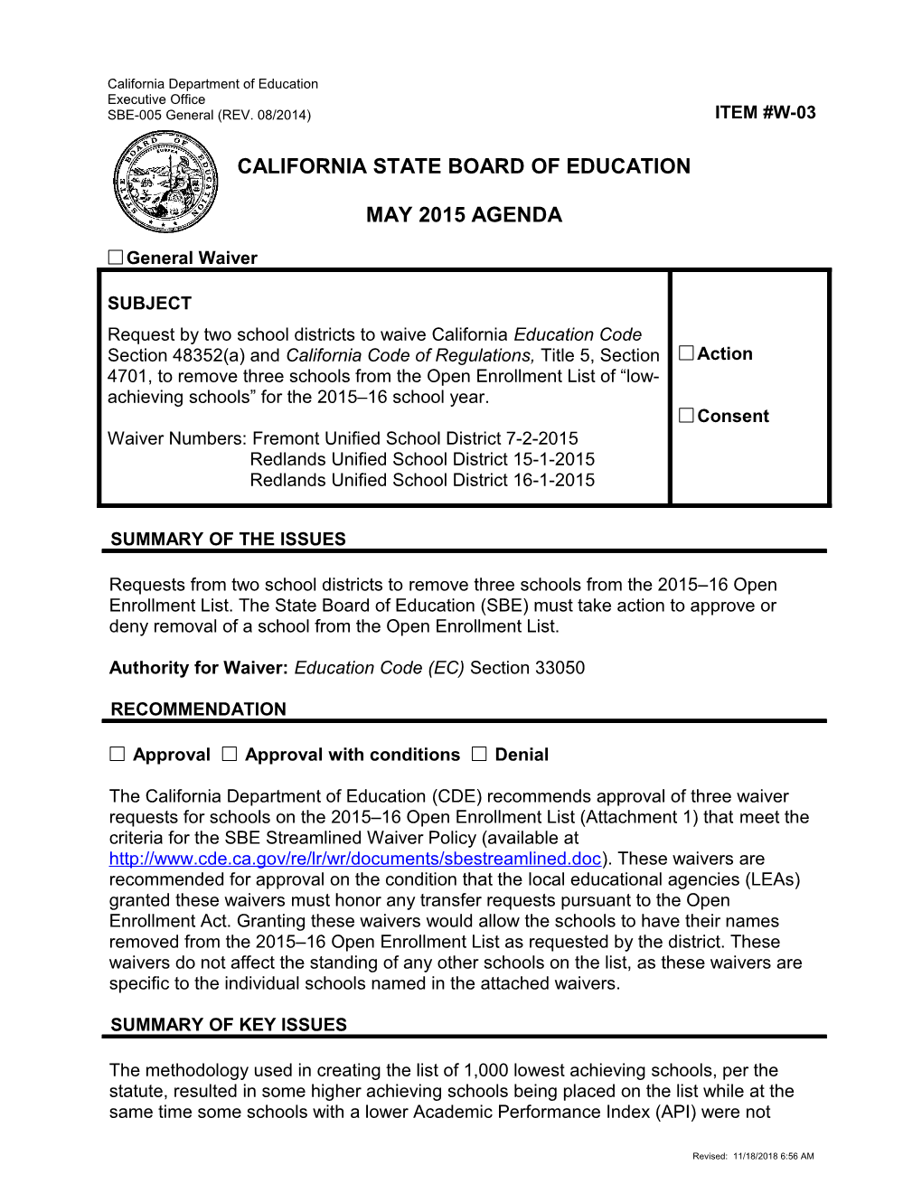 May 2015 Waiver Item W-03 - Meeting Agendas (CA State Board of Education)
