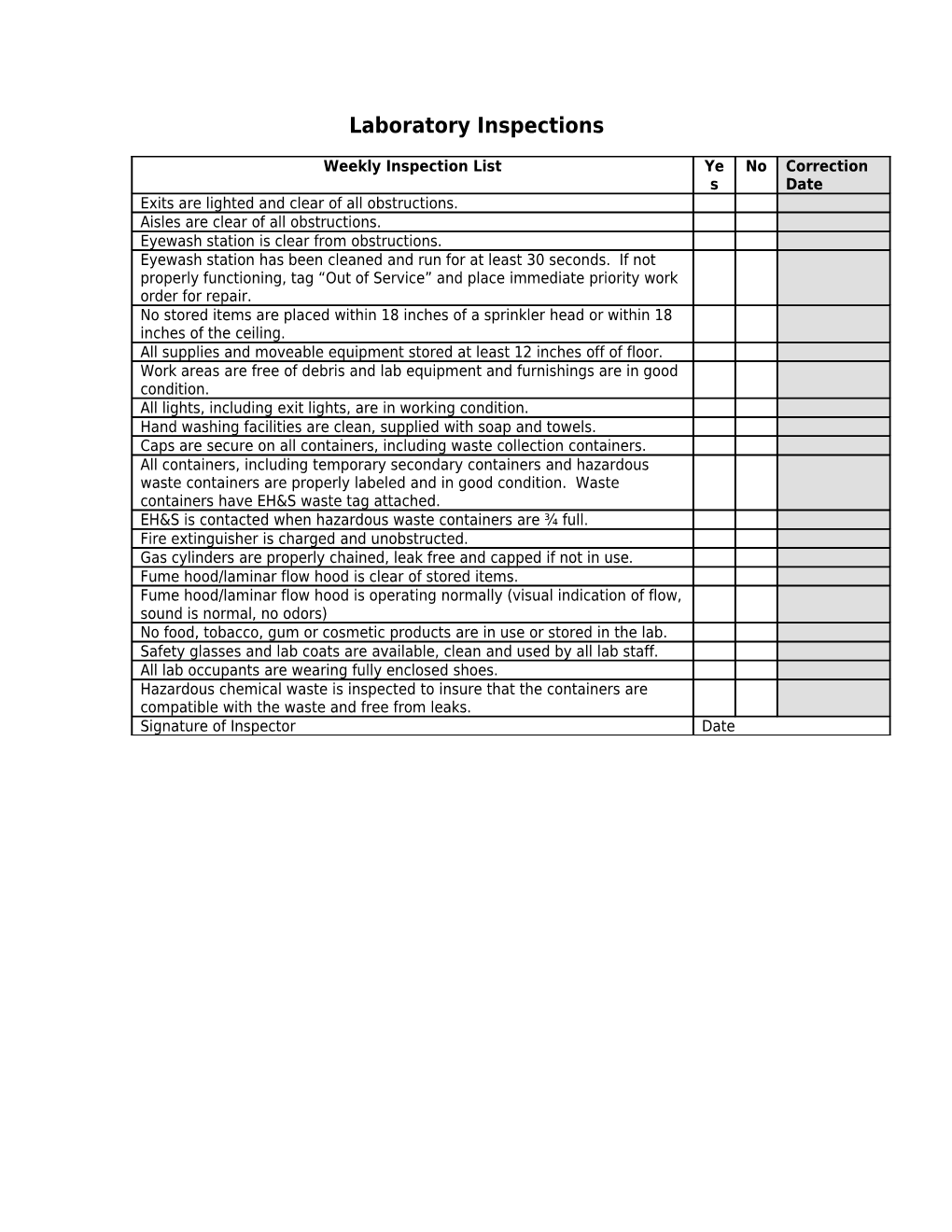 Weekly Inspection List