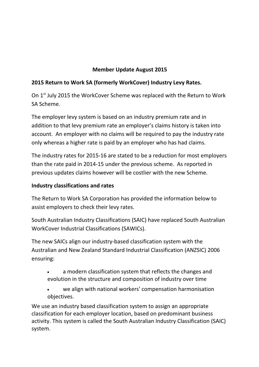 2015 Return to Work SA (Formerly Workcover) Industry Levy Rates