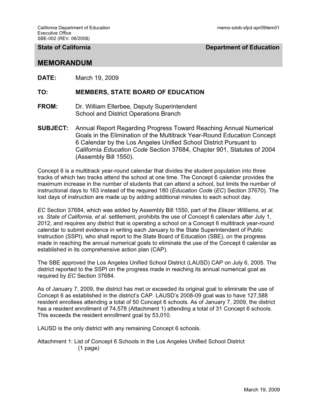 April 2009 SDOB Item 02 - Information Memorandum (CA State Board of Education)