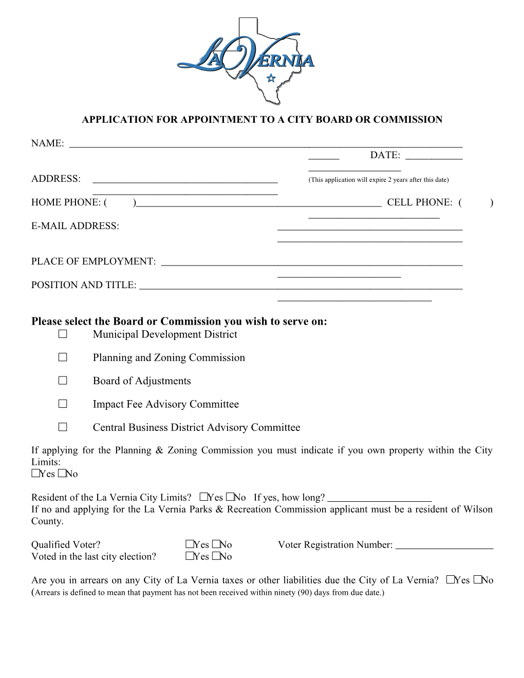 Application for Appointment to a City Board Or Commission