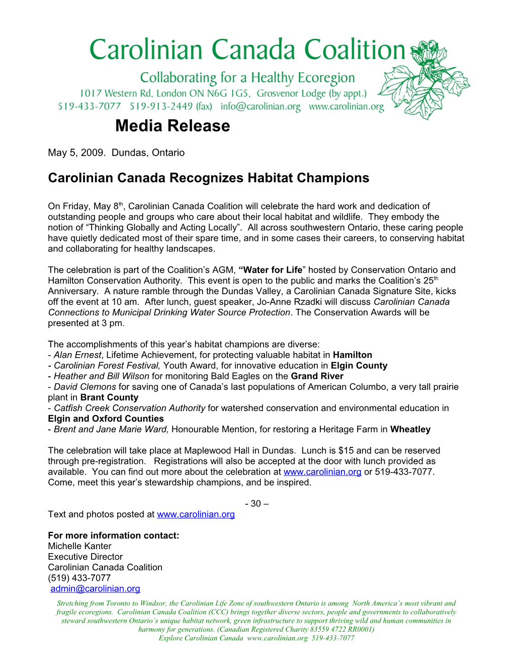 Carolinian Canada Recognizes Habitat Champions