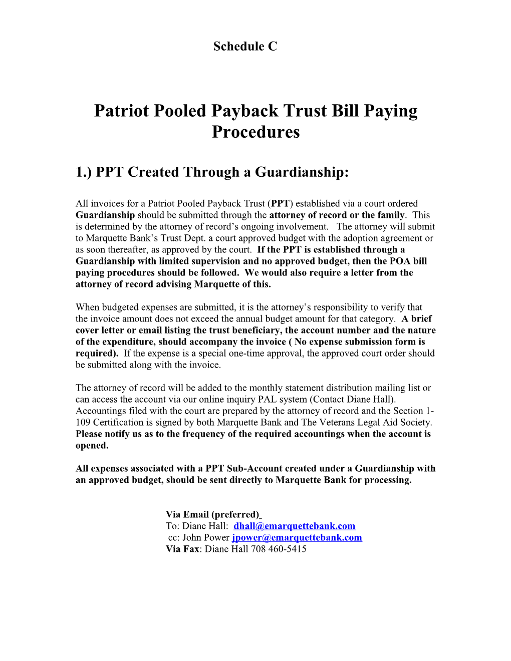 Patriot Pooled Payback Trust Bill Paying Procedures