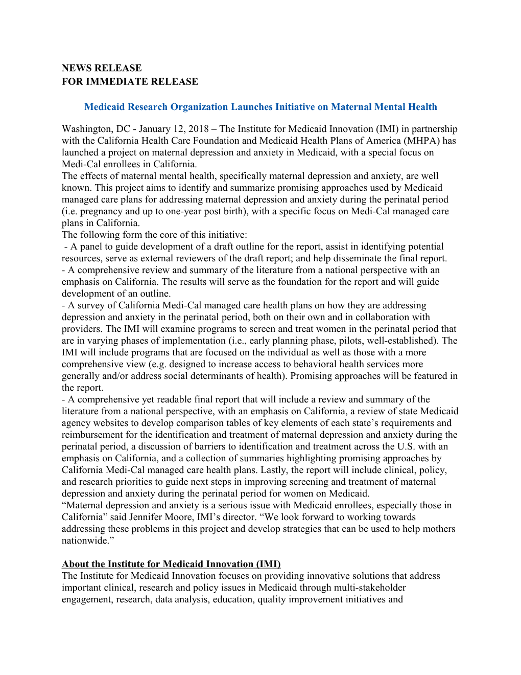 Medicaid Research Organization Launchesinitiative on Maternal Mental Health