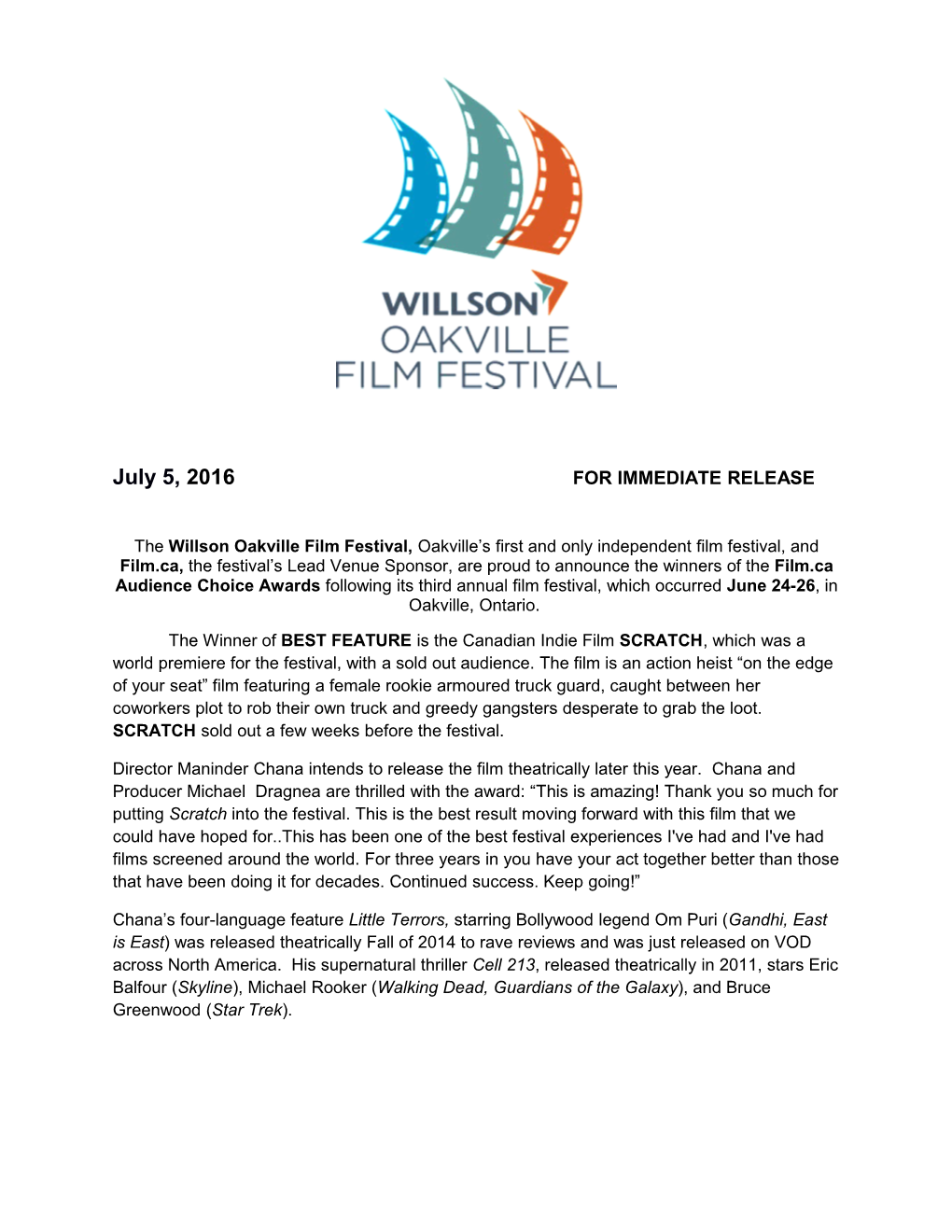 July 5, 2016 for IMMEDIATE RELEASE