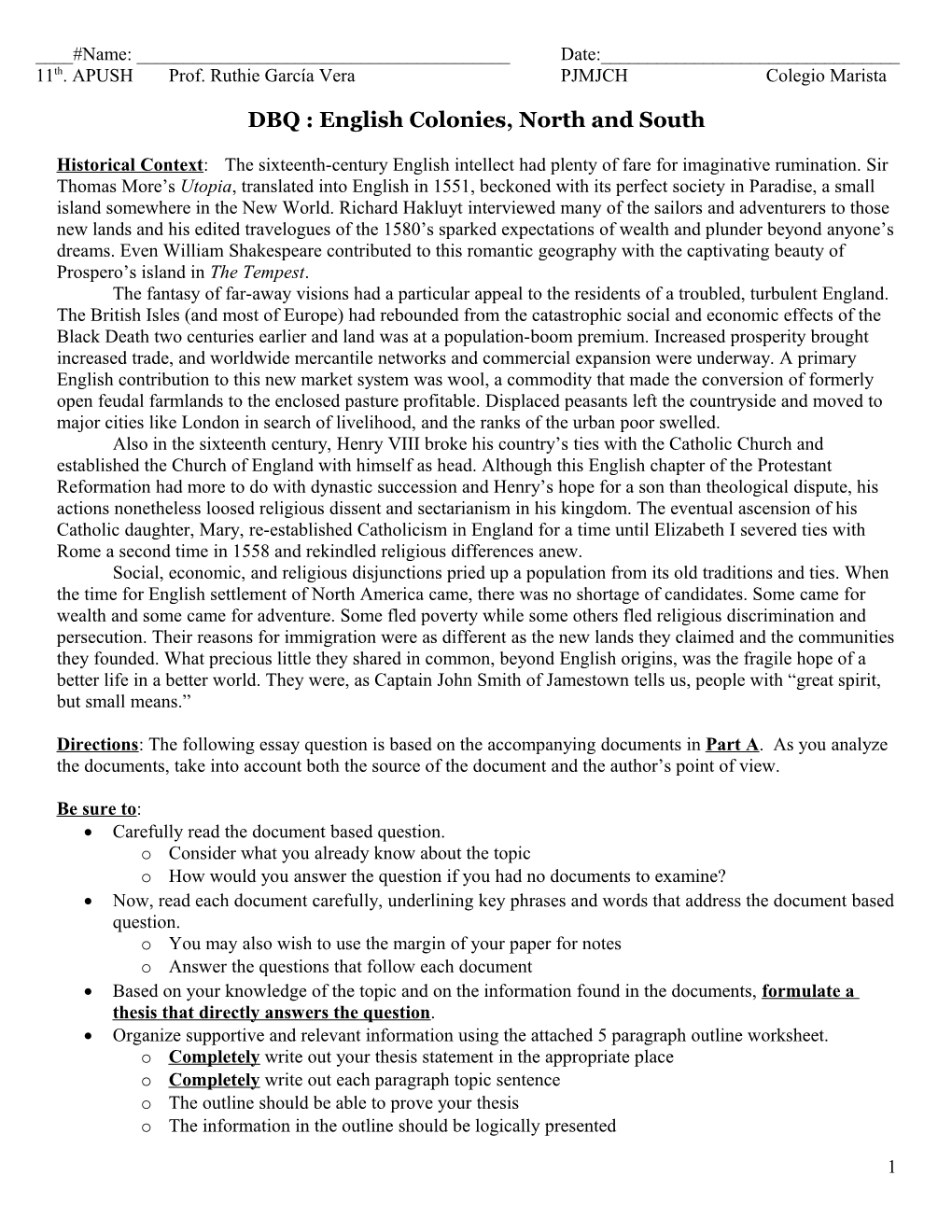 AP DBQ #1 English Colonies, North and South