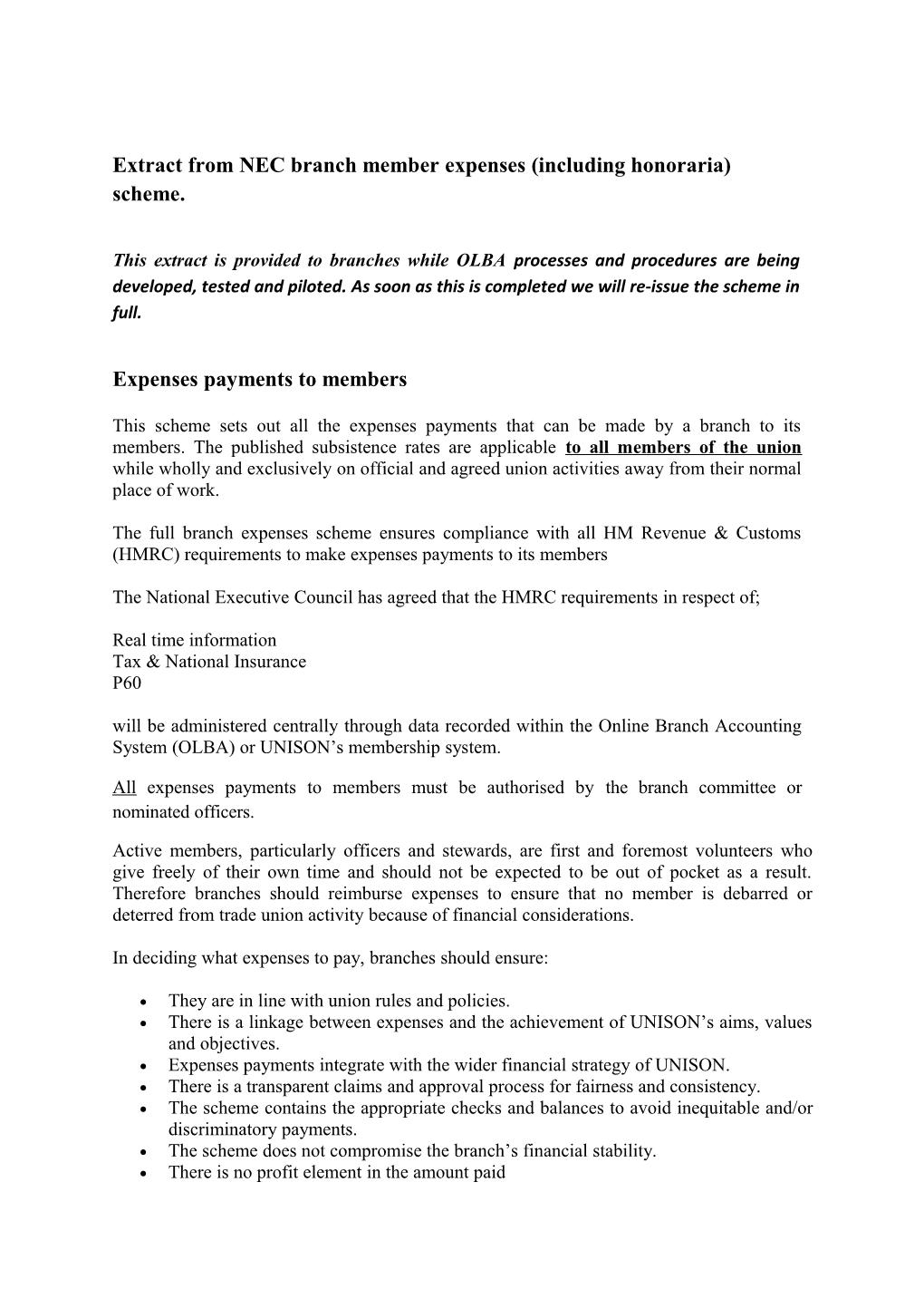 Extract from NEC Branch Member Expenses (Including Honoraria) Scheme